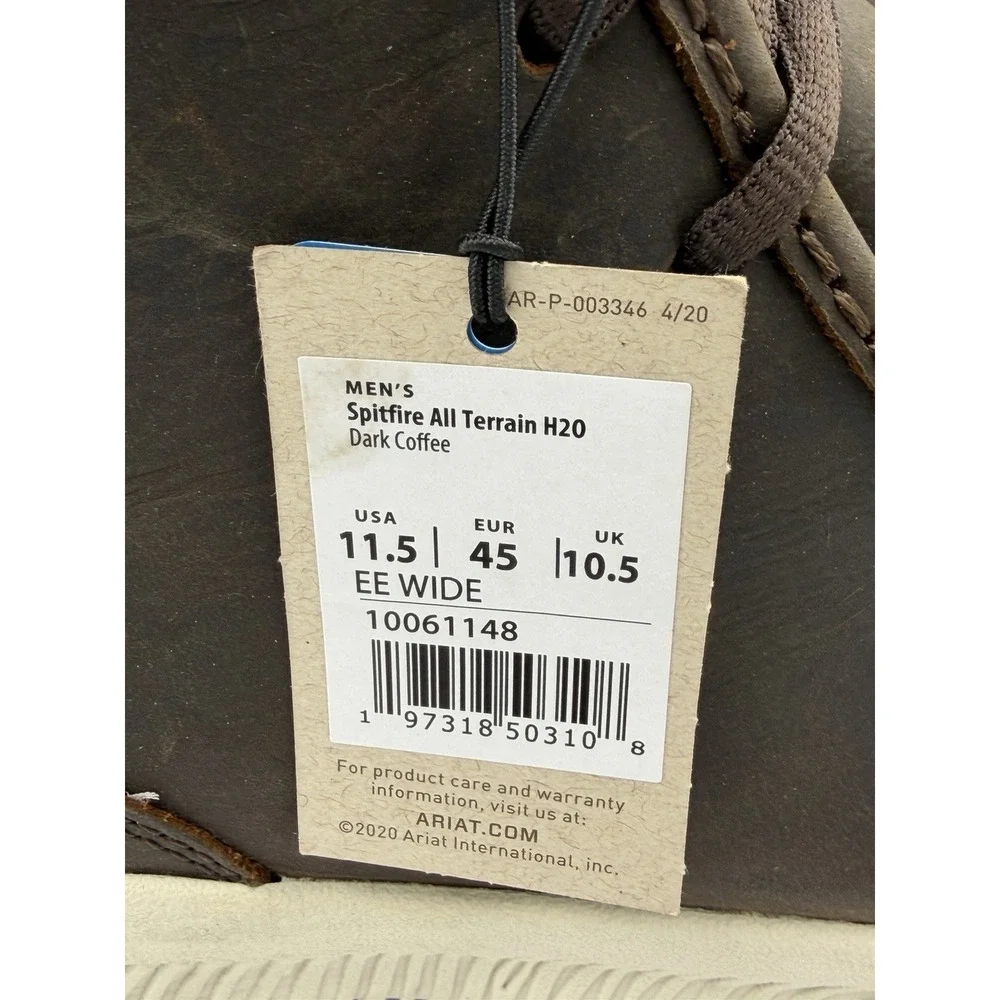 Ariat Spitfire All Terrain H2O Men's Dark Coffee Size 11.5 Work Waterproof Wide